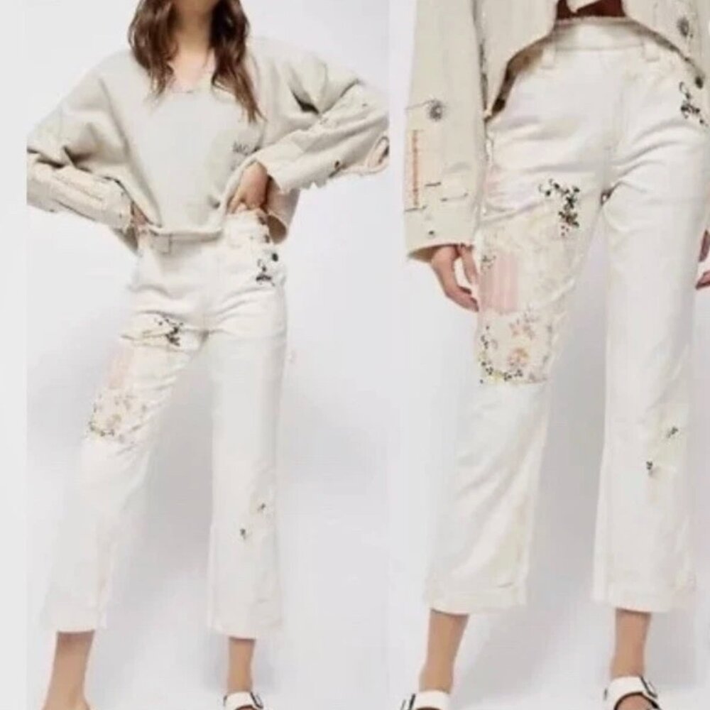 NWT Rare Free People Love Alive Boyfriend Jeans Patchwork Embroidered Boho Sz 28